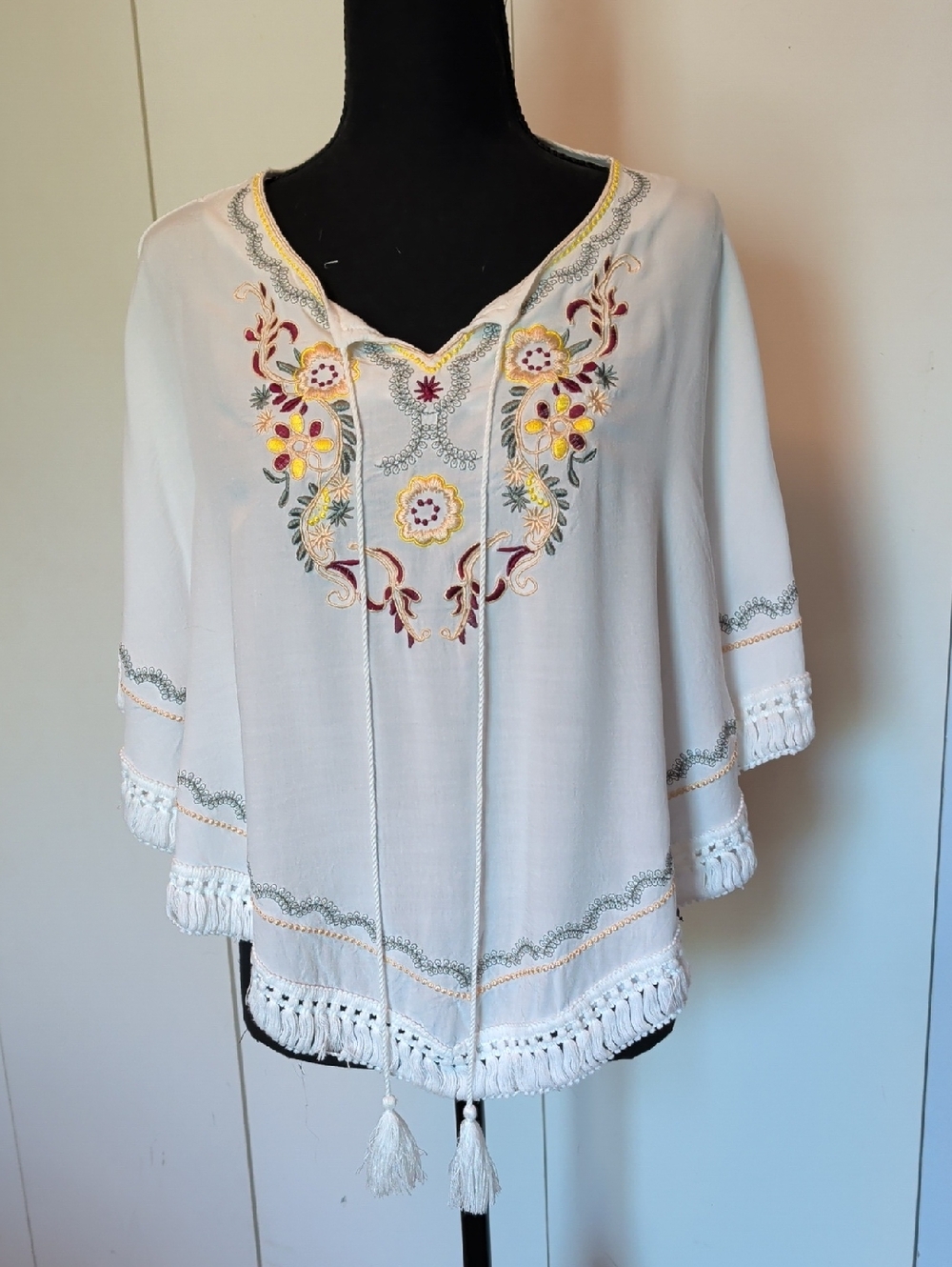 White Embroidered Tie-Front Boho Women's Top